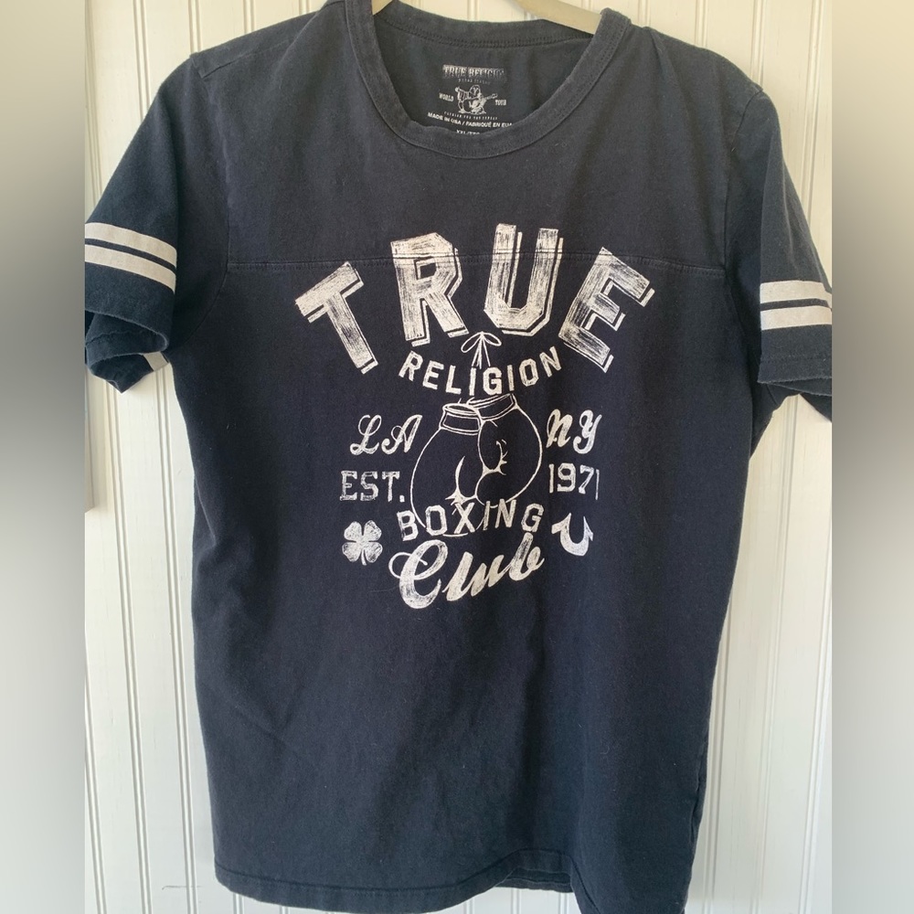 True Religion Black and White Short Sleeve Tee with Graphic Design